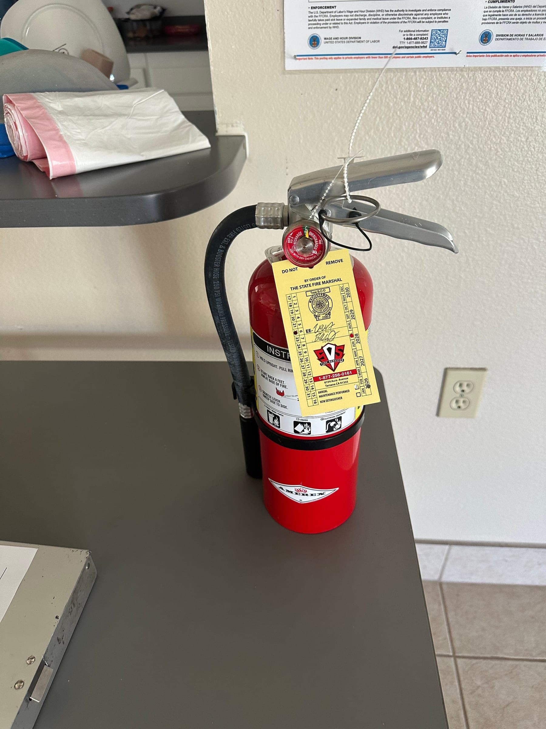 Tagged 5 lb ABC extinguisher mounted on a wall bracket next to a counter