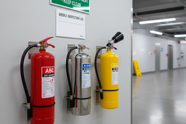 Three wall-mounted fire extinguishers in a bright hallway beneath Fire Safety Equipment Keep Clear and Weekly Inspection Log signs.