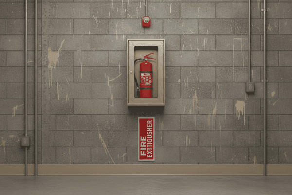 Eye-level view of a fire extinguisher mounted on a commercial building wall